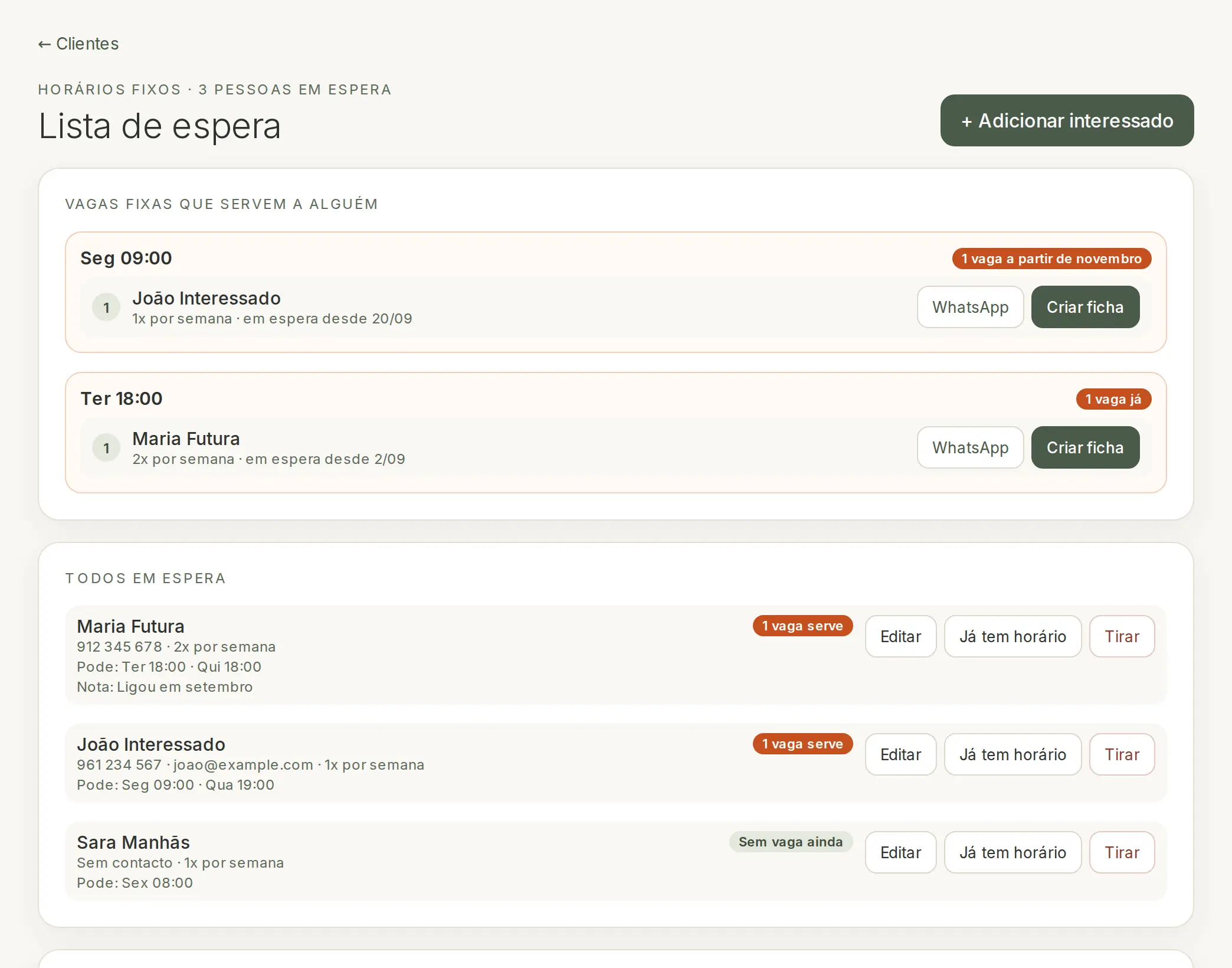 Ecrã de Lista de espera do WayOne